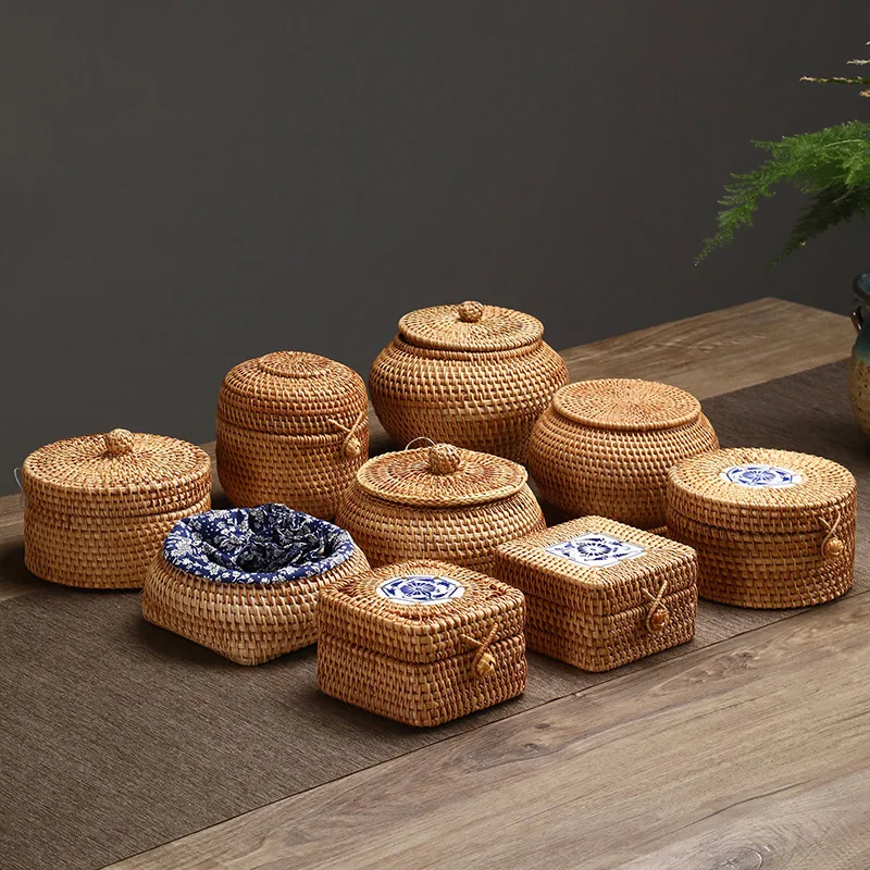 Handwoven Rattan Storage Box With Lid Candy Snack Jar Tea Food Container Rangement Cuisine Boxes Kitchen Gadgets Home Organizer