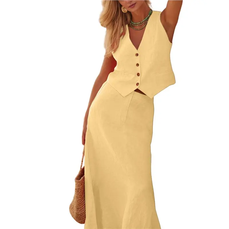 

NEW-Women 2 Piece Set Sleeveless V Neck Button Vest High Waist Maxi Skirt Casual Matching Outfit
