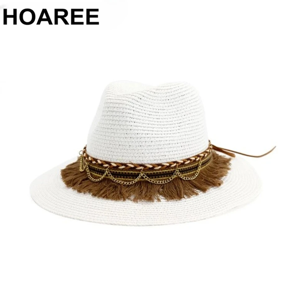 

HOAREE White Sun Hat Tassel Cap Women Beach Straw Hat Vintage Ladies Hats for Summer Brand New Arrival Women's Straw Hats Black