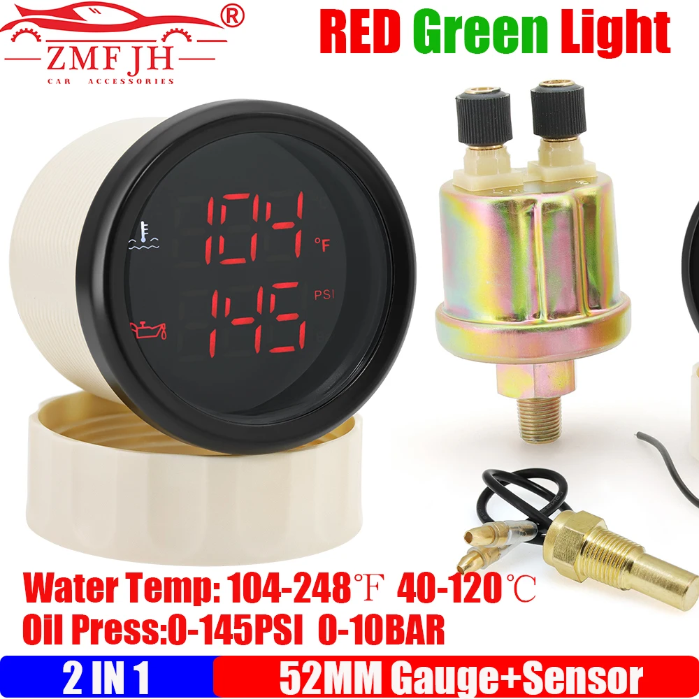 

2 IN 1 Dual Gauge with Alarm Red LED Digital 52mm Oil Pressure Meter/Water Temp Meter+Sensor for Automobile Car Boat 12V24V