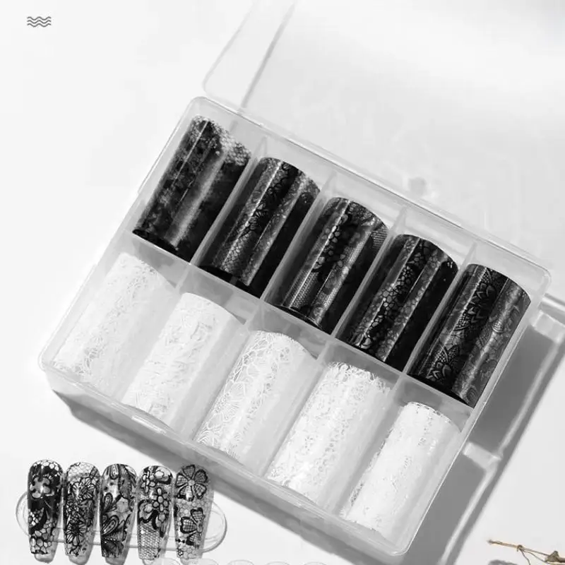 10 Rollen/Box weiß schwarz Nagel Transfer Aufkleber Spitze Nail Art Folien Set Papier DIY Maniküre Nagel Dekoration Zubehör