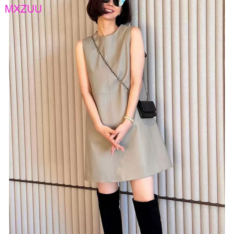 

Classic Retro Black Leather Dress Women Spring O-Neck Sleeveless Short Semi-Vegetable Tanned Sheepskin Straight Vest Vestidos