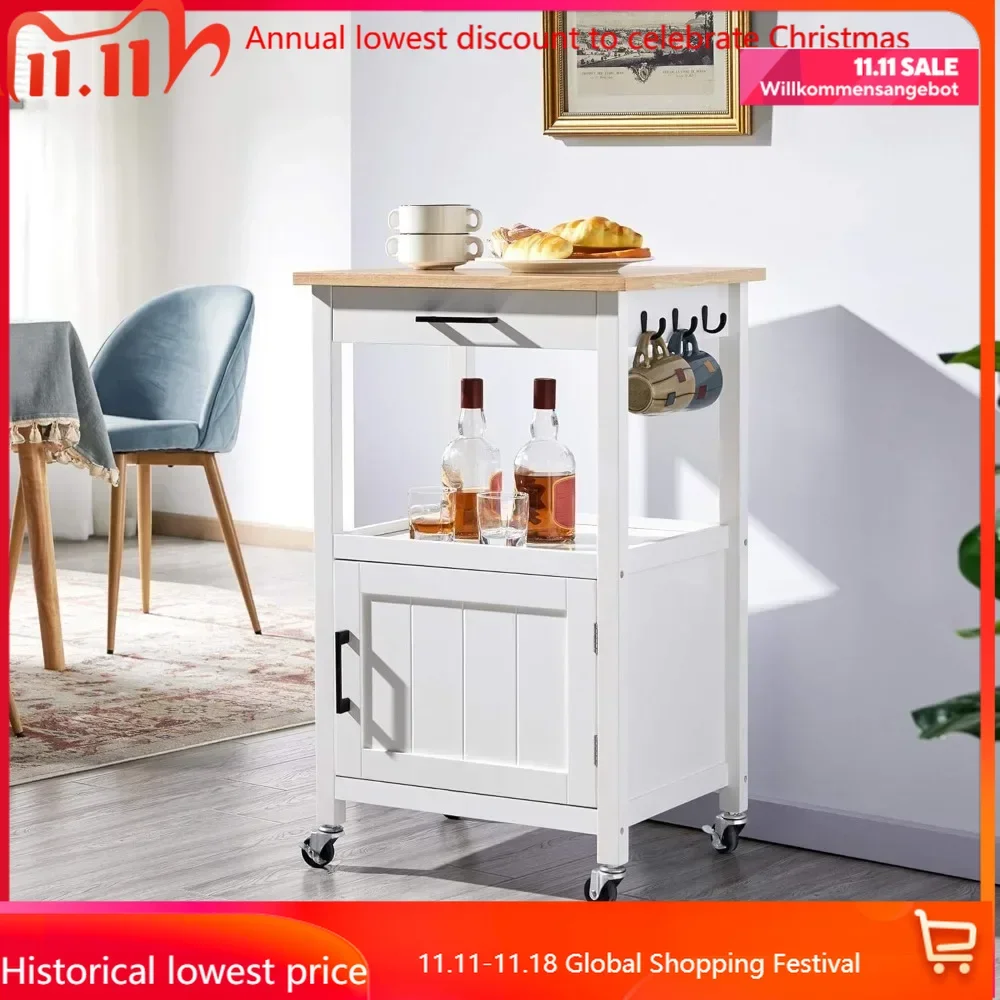 

Rolling Kitchen Island with Single Door Cabinet,Kitchen Cart with Drawer on Swivel Wheels,Small Coffee Cart Microwave Stand with