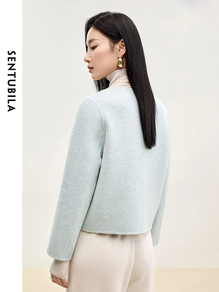 SENTUBILA Blue Coats for Elegant Women 2025 Winter Crew Neck Metal Single Breasted Wool Cropped Jackets Office Lady W44O56000