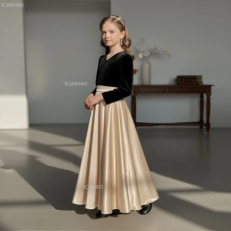 

Children Girls Black Long Pageant Dress Performance Formal Celebration Dresses Clothes Costume New Kids Princess Gown for Host