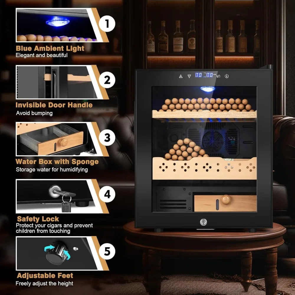 온도 및 습도 관리 기능이 있는 50리터 전기 쿨러 캐비닛, 스페인 삼나무 선반, 360개 품목 보관용 보안 잠금장치