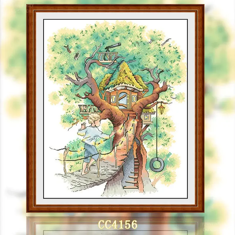 [CC4156-Green Tree House]Stamped Cross Stitch Kit for Adults and Kids, Easy Pre-Printed Canvas with Cotton Threads and Needles,