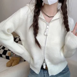 Minute Style Sweater Coat Women's Zipper Front Shoulder Hooded Soft Waxy Knitted Cardigan Ladies Solid Autumn Short Top Coat