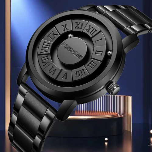 Relojes PENGAGAR para hombre, reloj de cuarzo de acero inoxidable, puntero de desplazamiento creativo, reloj de pulsera de fuerza magnética, reloj Masculino + caja