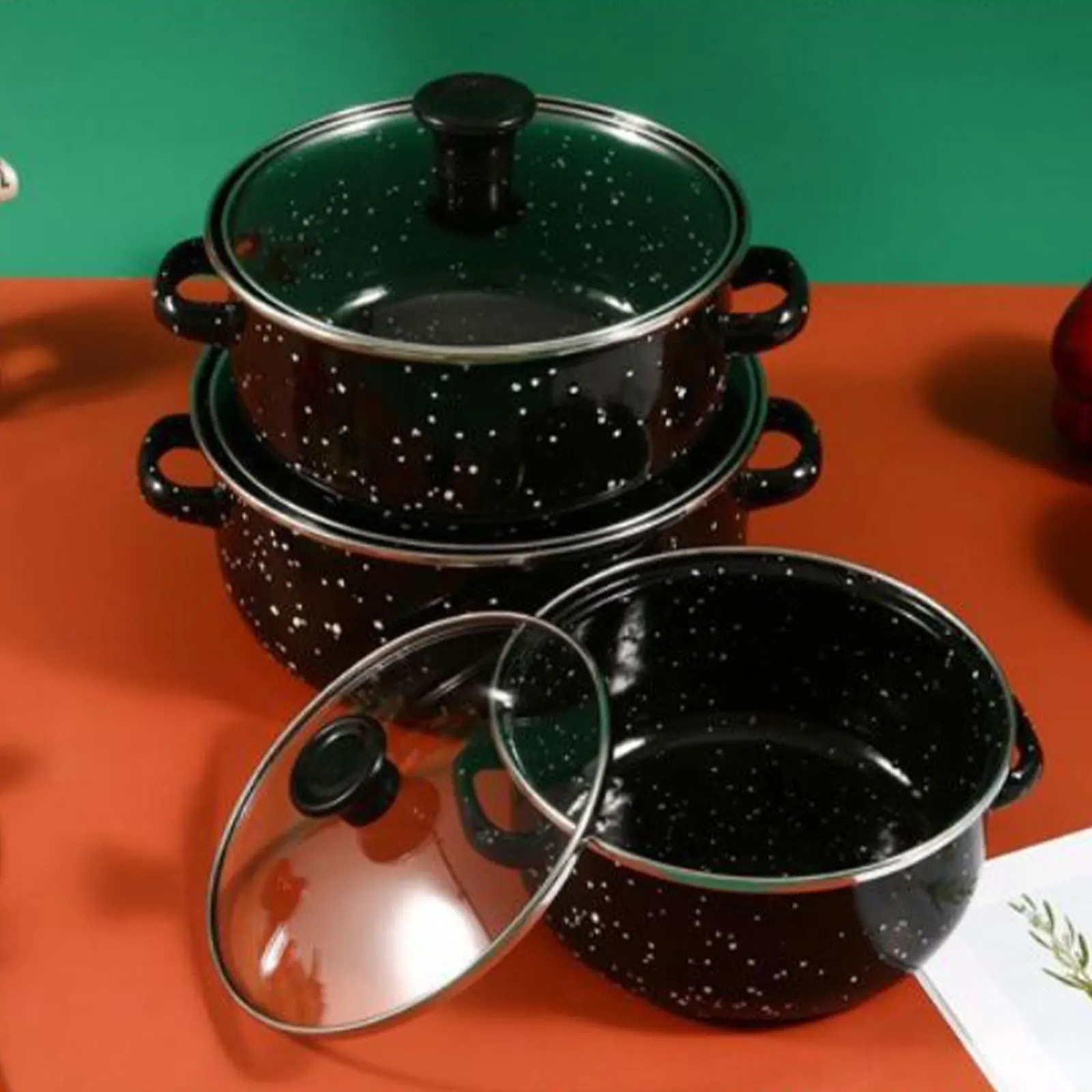 

3Pcs/set Enamel Soup Pot Thickened Household Double Ear Enamel Stockpot Sturdy Simmer Pot Boiling Sauce Pan Induction Cooker Pot