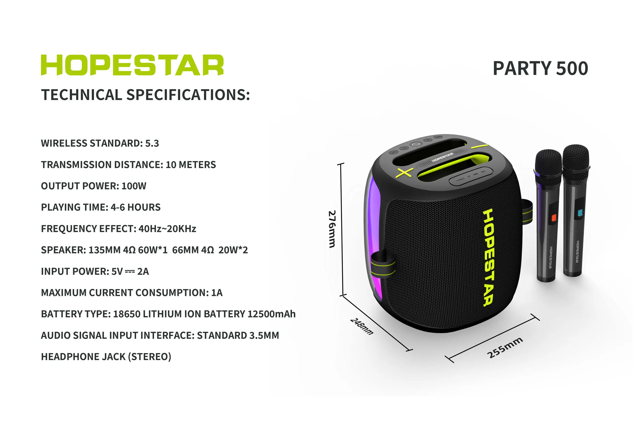 Party500 Portable Outdoor Wireless Speaker with RGB Light Stereo Subwoofer Loud Soundbar and Two Microphones for Party