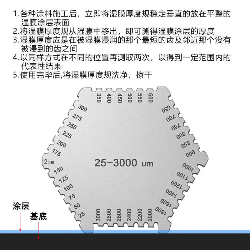 Stainless Steel High-Precision Hexagonal Wet Film Comb Gauge Thickness Paint Tester