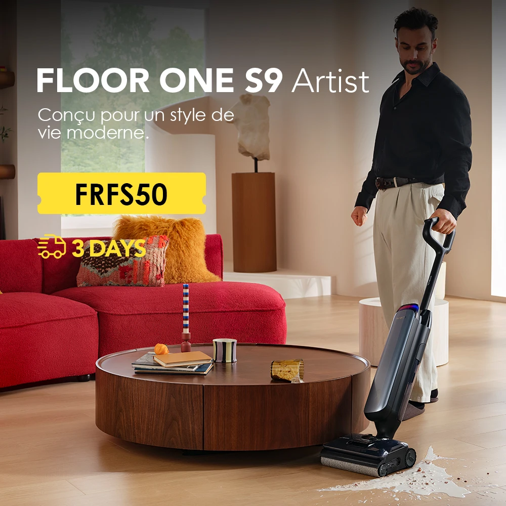 Tineco Floor One S9 Artist Aspirateur laveur, 22 kPa d'aspiration, 360° SmoothDrive, design anti-emmêlement, 50 min d'autonomie, nettoyage des bords des 2 côtés, s'aplatit à 180°, Flashdry à 85°C