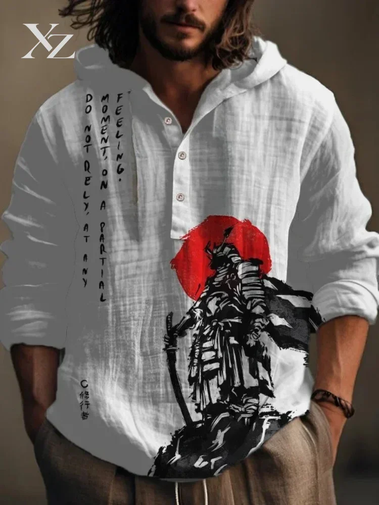 Men's Japanese Knight Art Print Hooded Long-Sleeved Shirt Autumn 2025 Casual Beach Tunic Plus Size