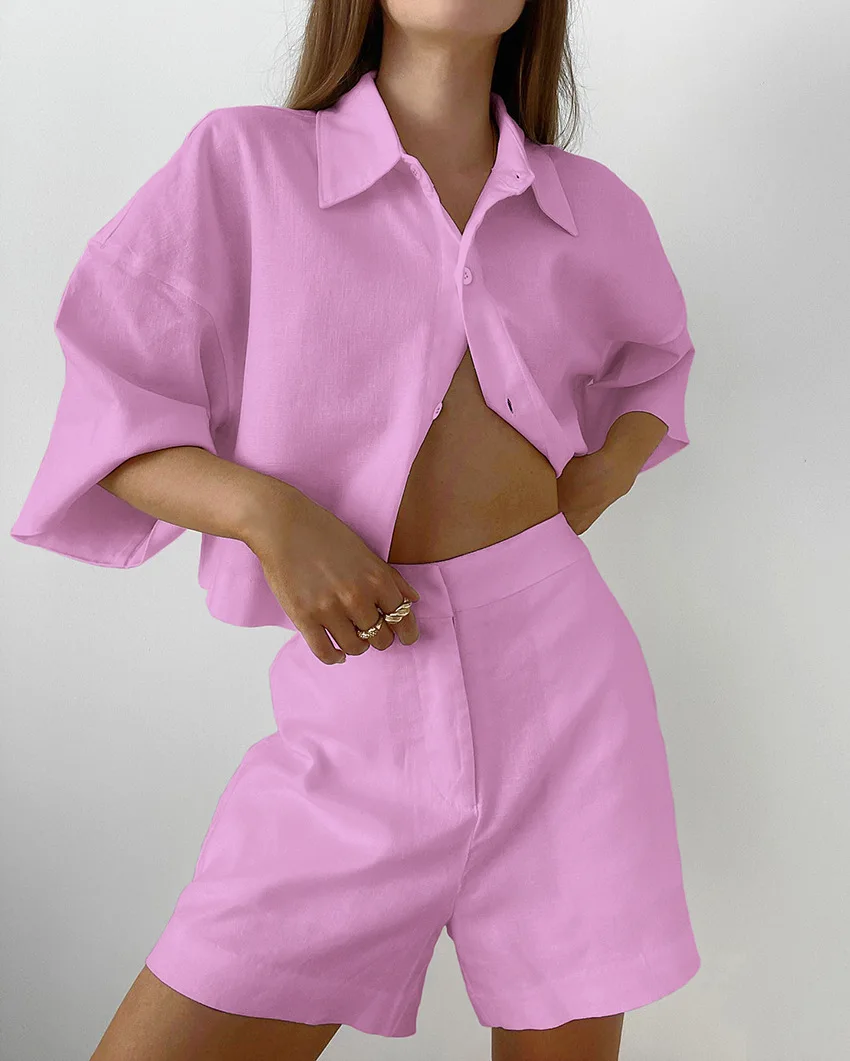 Modisches Hemd aus reiner Baumwolle, zweiteiliger Anzug, Sommer, neue Fünfviertel-Ärmel-Shirts + Shorts-Anzug, 2025, einreihige Damen-Top-Sets