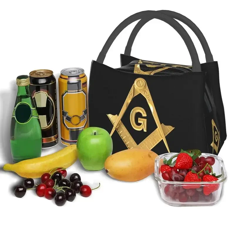 Gold Freemason Logo Portable Lunch Boxes for Masonic Mason Cooler Thermal Food Insulated Lunch Bag Office Work Pinic Container