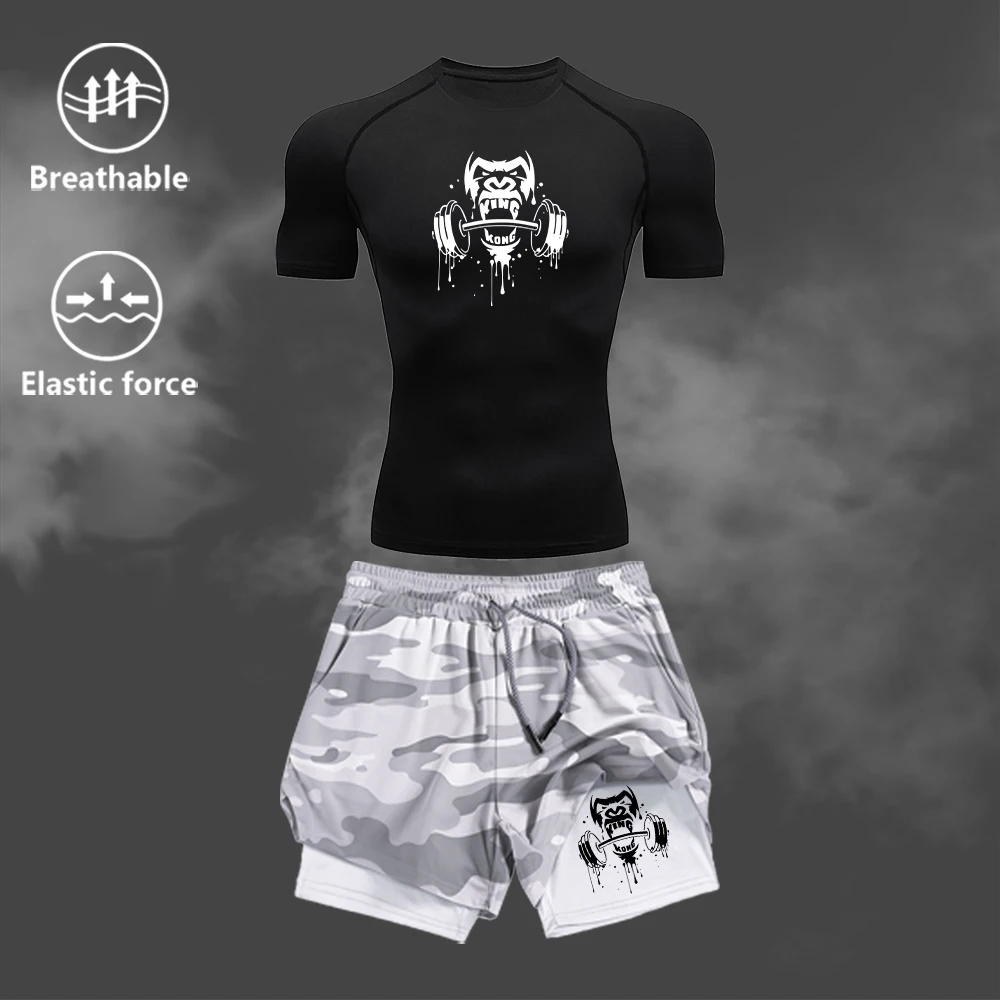 

Summer Men Fitness Suit Quick Drying Breathable Daily Outdoor Running Training 2 Piece Set Short Sleeved Shirt And Sports Shorts