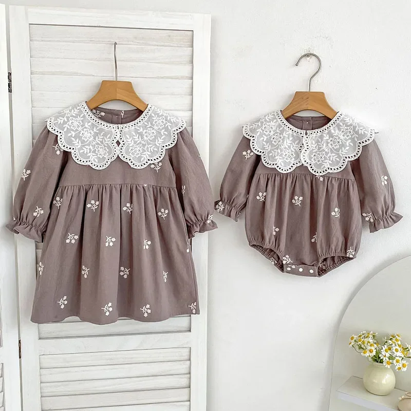 2025 New Autumn Sister Dress 2-6Yrs Girl Party Dress Baby Girl Romper Long Sleeved Cotton Embroidery Kids Princess Dresses