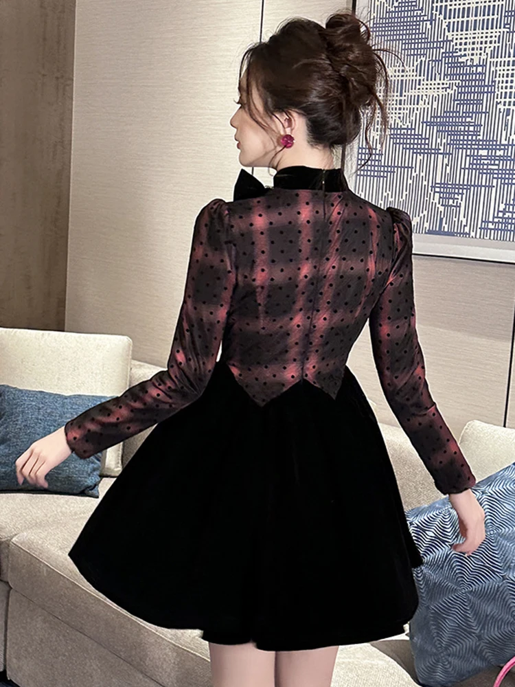ชุดเดรสสไตล์วินเทจฝรั่งเศสสำหรับผู้หญิง น่ารัก ลายจุด ลายสก็อต ตัดต่อสีดำ ทรงบอลกาวน์ สไตล์คาวาอี้ ชุดเดรสสั้นสำหรับออกเดท เสื้อผ้าผู้หญิง