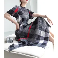 Pleated Elastic Loose Fit Dress, Contrast Color, Summer