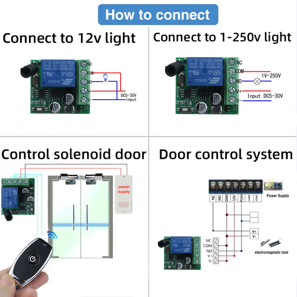 Wireless Switch DC 5V 12V 24V 1CH Relay Receiver Module And 1 Button Universal 433 Mhz Remote Control For Gate Garage Light Lamp