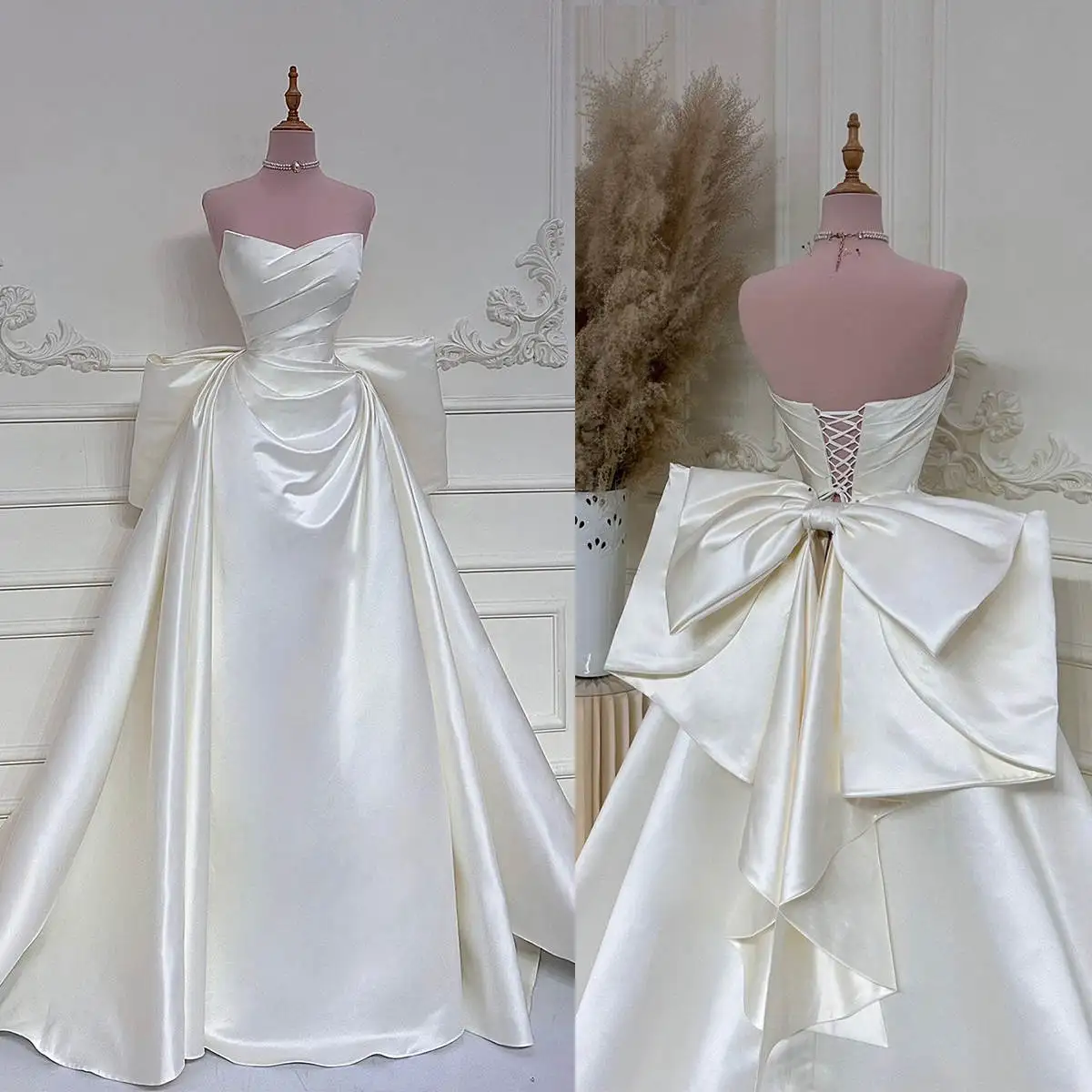 

Elegant Back Bow Satin A-Line Bridal Gown Draped Strapless Lace-Up Back Sweep Train Wedding Dress Vestido De Novia Customized