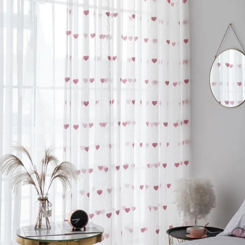 Koreanischer Girly Pink Love Heart bestickter Tüll-Vorhang, süßer Prinzessinnen-Stil, weiß, transparent, durchsichtiger Voile-Vorhang für Mädchenzimmer