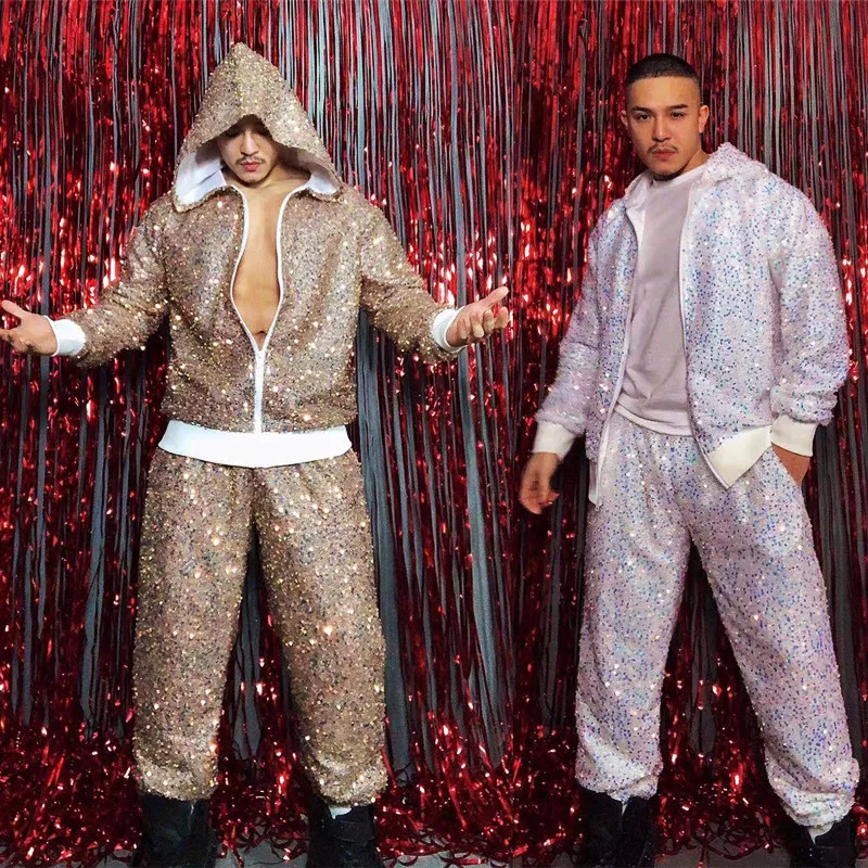 

Men's Jazz Dance Costume Glitter Sequins Hooded Jacket Pants Set Hip Hop Street Dance Outfit Nightclub Party Stage Show Costume