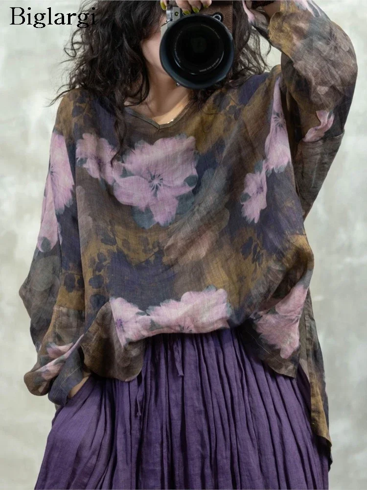 

Oversized Flower Floral Print Summer Autumn V-Neck Tops Women Loose Pleated Fashion Casual Ladies Blouses Long Sleeve Woman Tops