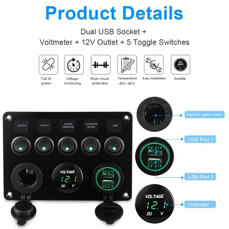 Cat Eye Switch Panel with Fuse Box & Voltage Meter, All-in-One USB Charger for Car Boat RV