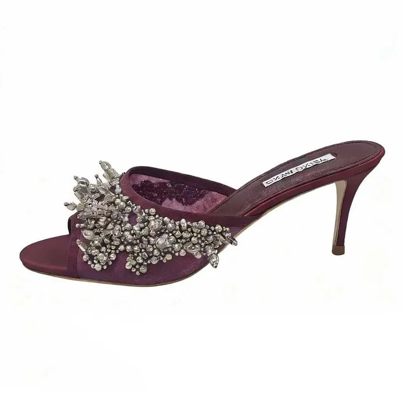 New High Heels Slippers Women's Metal Bead Decoration Roman Slippers Summer Fashion Party Dress Shoes Versatile Single Shoes