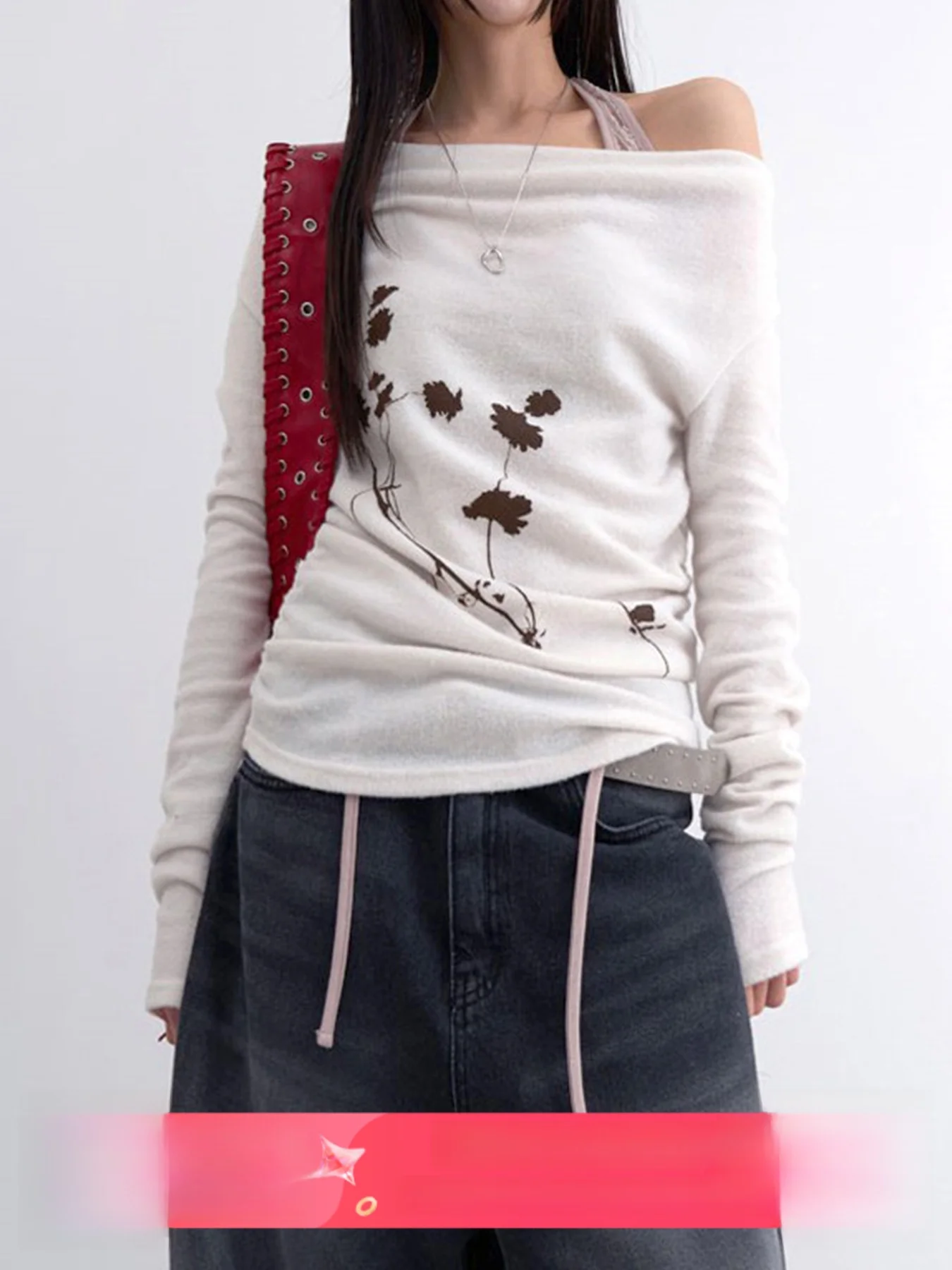 レトロなウエストシェイプワンショルダーTシャツ、女性用ストリートスタイル、花柄プリント、ロングスリーブ、ストレートカットアウタートップ