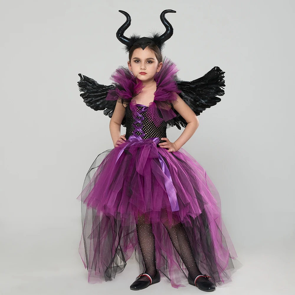 Girls Halloween Demon Cosplay Costume Kids Dark Evil Queen Tutu Dress with Horns Wings Malefi Witch Glam Gown Fancy Dresses