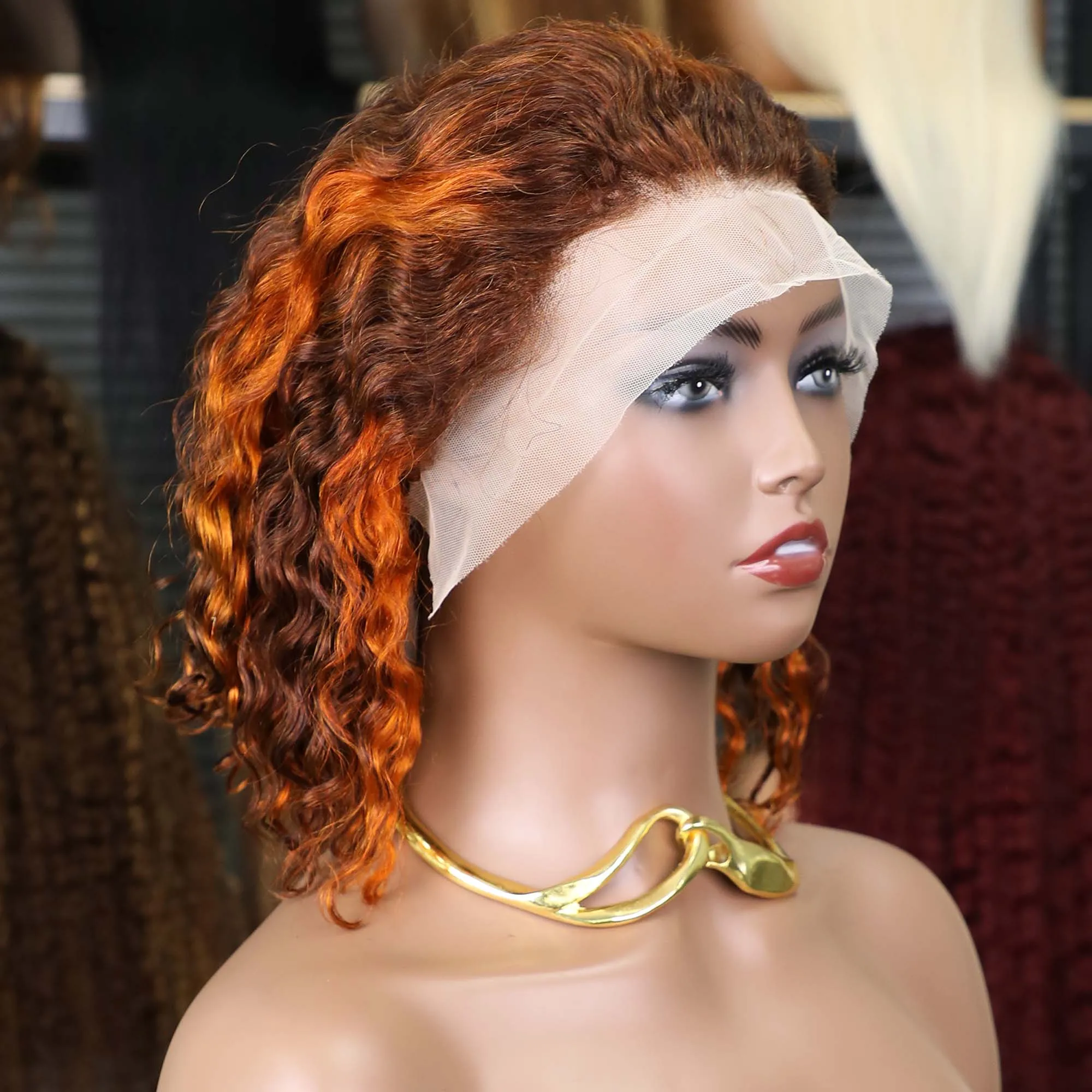 Water Wave 4/350 Highlight 13x4 Lace Front Human Hair Wig Ginger Orange Brown Piano Colored Curly Short Bob Wigs For Black Women