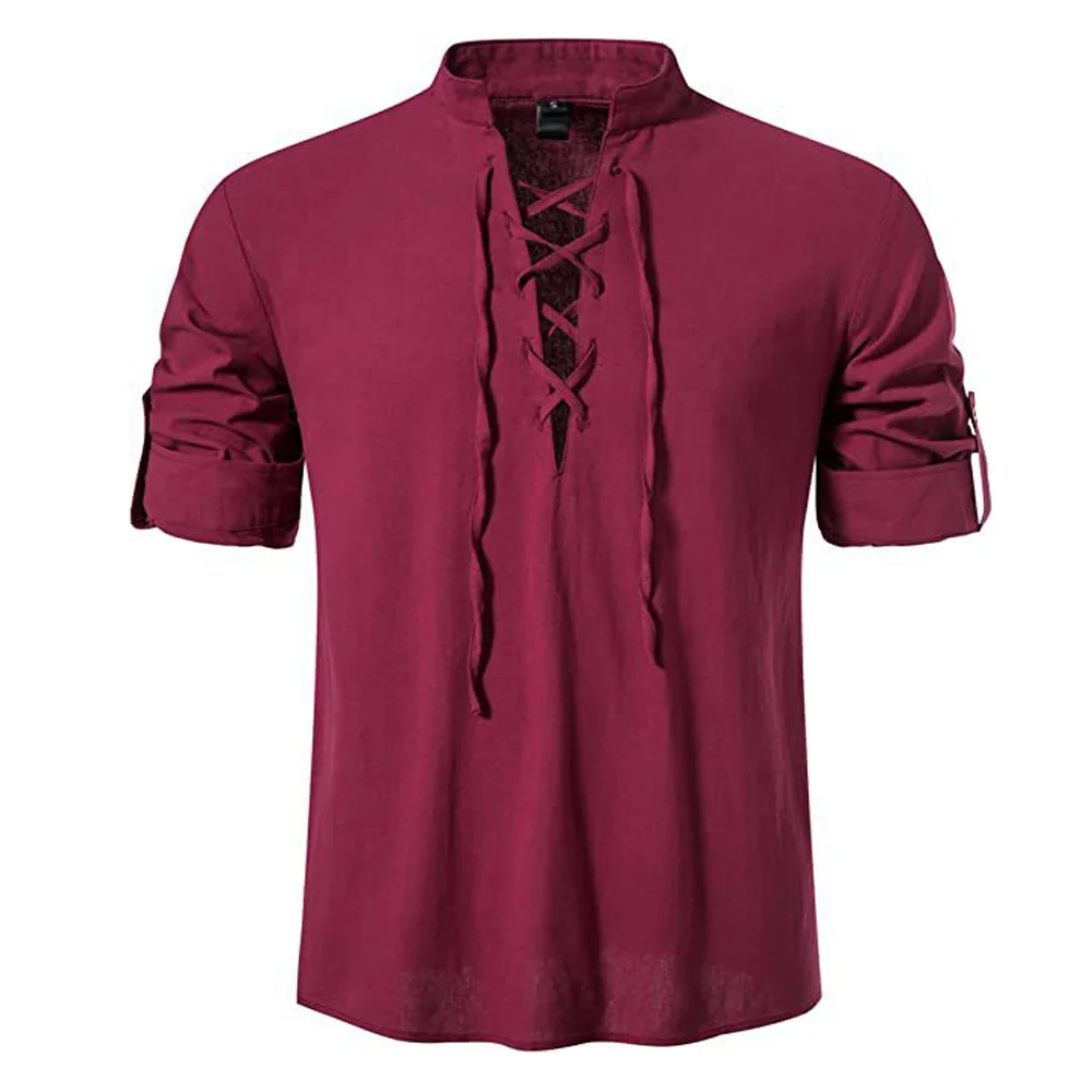 Long Sleeve Men\'s Pure Cotton Retro Lace Up Shirts for Renaissance Pirate Viking Medieval Burgundy Red Khaki Blue Daily Blouse