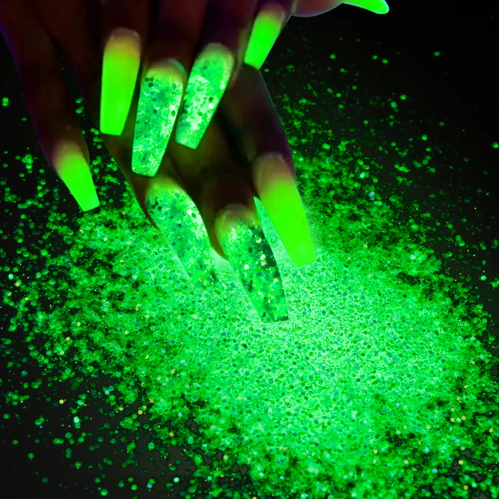 10g Glow In The Dark Glitter Nail Art Luminous Powder Iridescent Hexagon Chunky Glitter DIY Halloween Party Chrome Pigments Dust