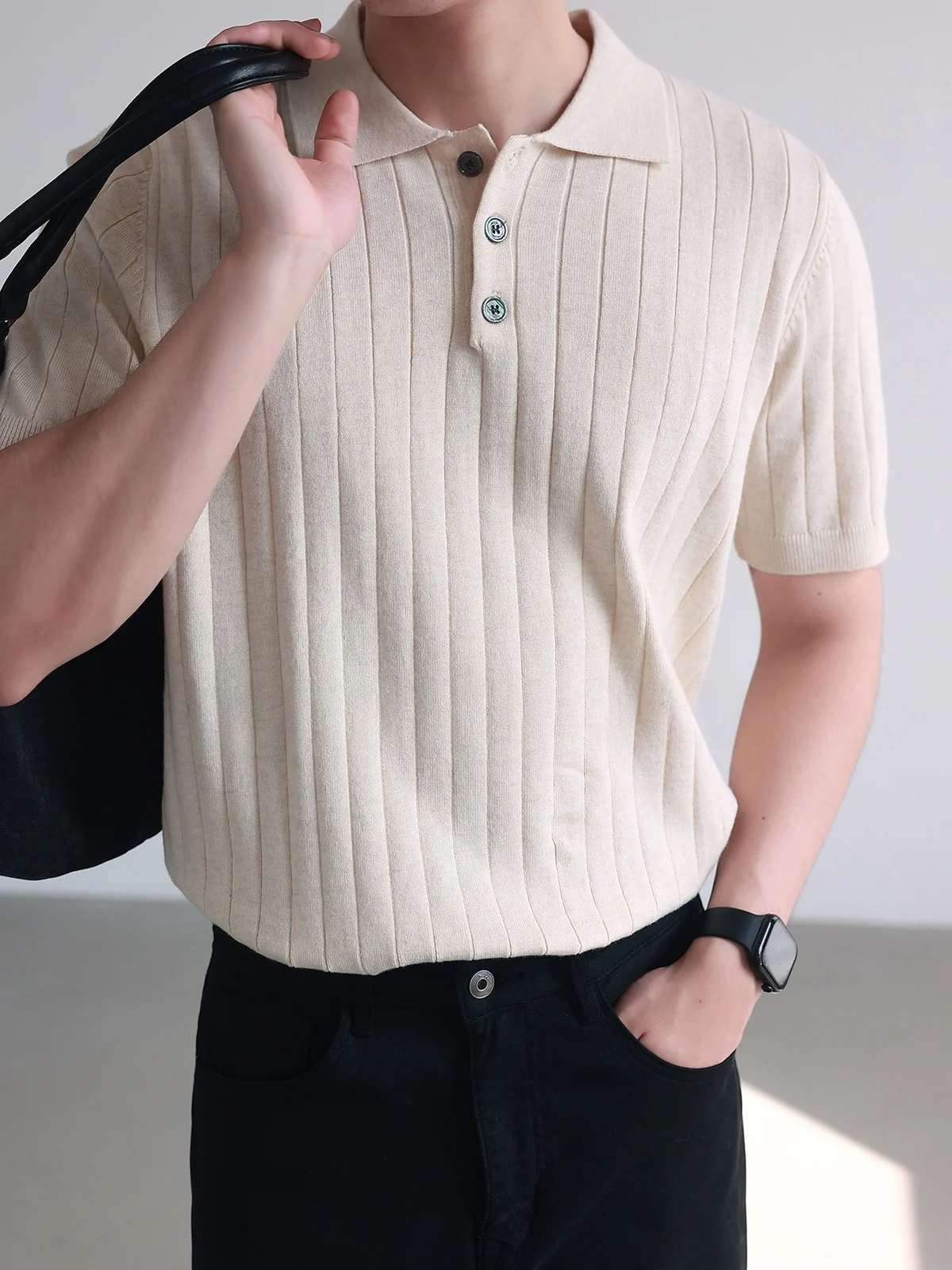 Men's Knitted Short Sleeve Base Layer Top Four Fiber Blend Soft Sensation Vertical Pit Stripe Design Breathable  Shirt