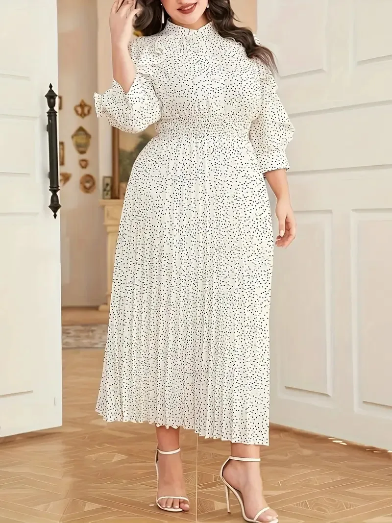 GIBSIE Plus Size Polka Dot Ruffle Trim Elegancka sukienka damska Wiosna Jesień Mock Neck 3/4 Rękaw Wysoka talia A-line Maxi Długie sukienki