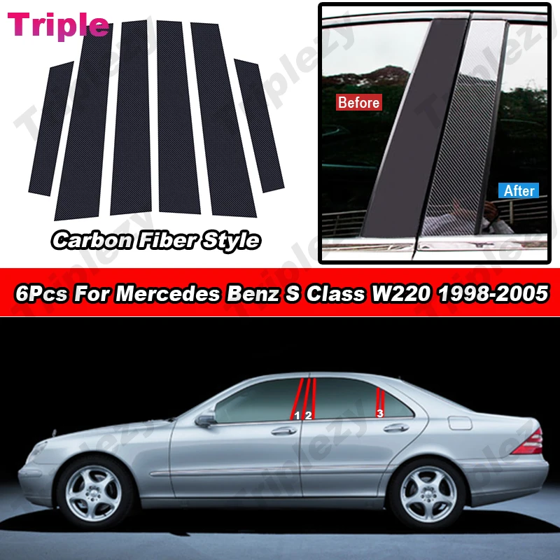 6Pcs Glossy Piano Black Car Door Window B C Pillar Post Cover Trim Carbon Fiber Sticker For Mercedes Benz S Class W220 1998-2005