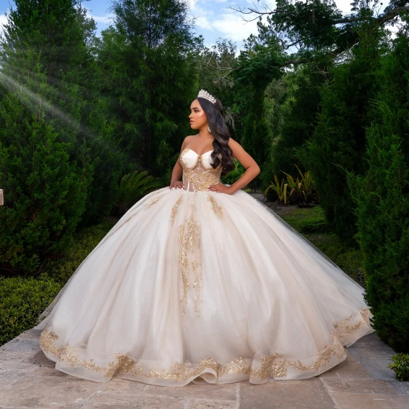 

Light Champagne Quinceanera Dress off-shoulder Golden Sequins Crystal Decal Long tail vestidos de 15 Quinceanera ﻿Customize