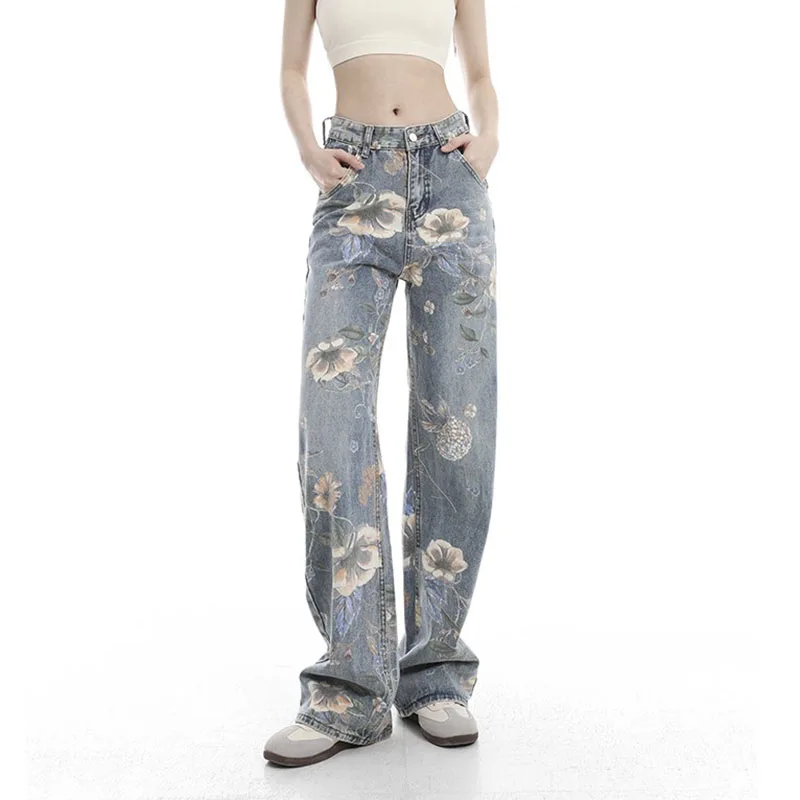 

High Waist Jeans for Women Baggy Jeans New Fashion Straight Leg Pants Y2k Denim Trousers Vintage Loose Blue Printing Jeans