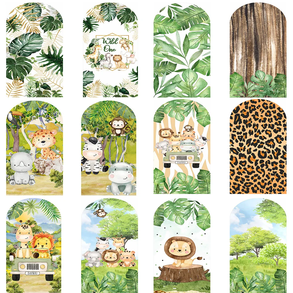 Safari Baby Shower Arched Backdrop Spring Forest Animal Green Leaf Double-sided Cover Background Decor Birthday Party Booth Prop