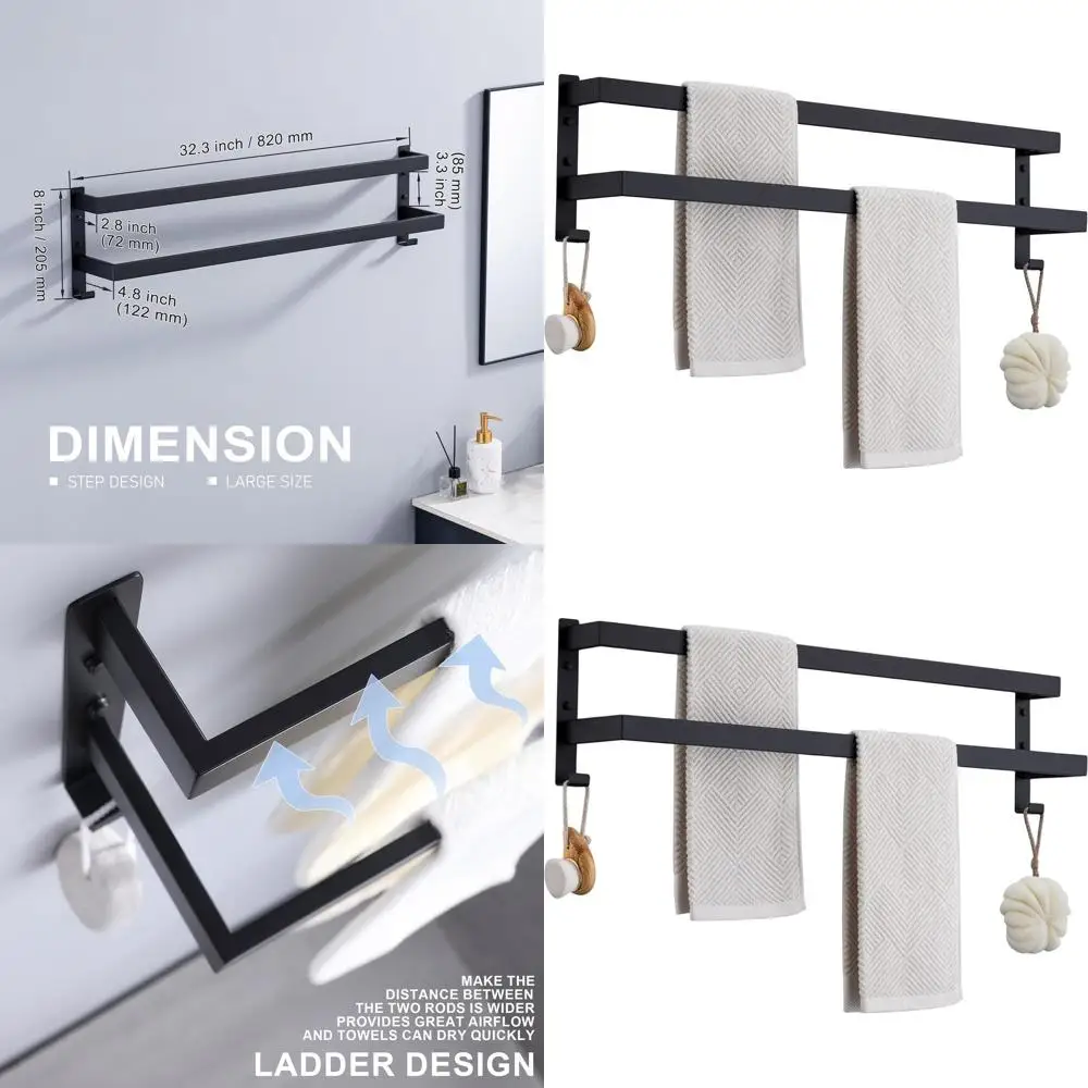 

Wall-Mounted Double Towel Rack, Stainless Steel, Matte Black, 32, 2-Tier Bathroom Towel Holder