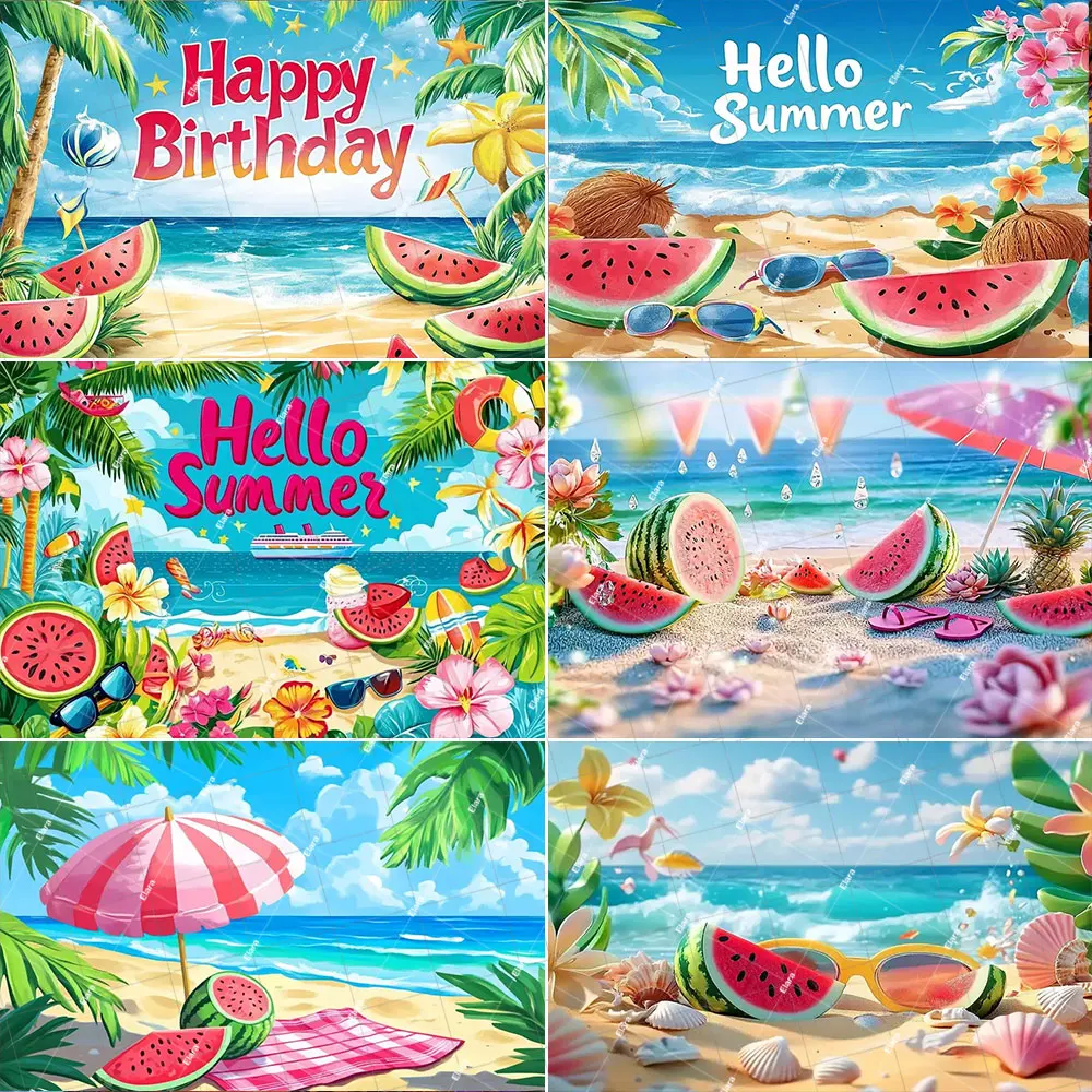 

Hello Summer Seaside Fruit Watermelon Parasol Ball Vacation Party Aloha Coconut Tree Baby Shower Adult Banner Background Props