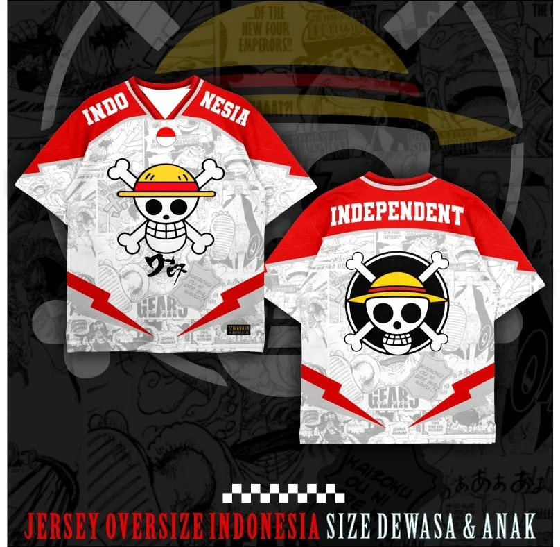 One Piece Jolly Roger Indonesia Oversized V Neck Jersey 3D Print Quick Dry T-Shirt Adult Kids Anime Fan Gift Summer Streetwear