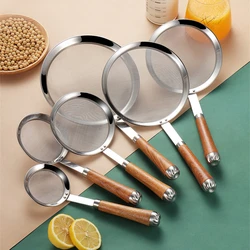 Kichen Stainless Steel Skimmer Wooden Handle Small Colander Fine Mesh Oil Filter Spoon Multi-Function Juice Flour Sieve Strainer