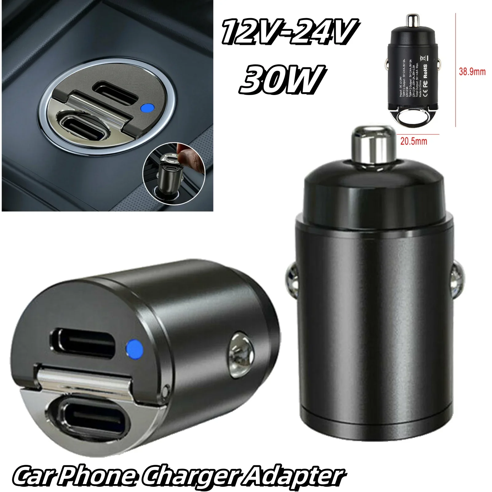 Mini Dual USB Typ-C PD QC 3,0 Super Schnelle Lade Adapter Zigarette Leichter Adapter Versteckte Telefon Ladegerät 30W Für IPhone