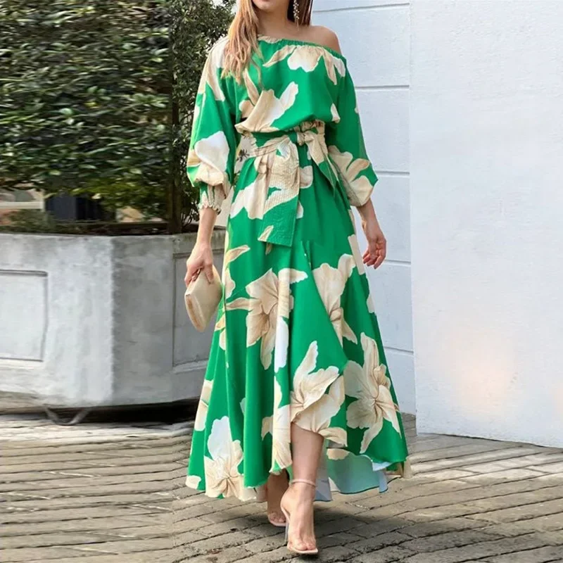 Temperament Elegant Woman Dress Commuter Print Lantern Sleeve Maxi Dresses for Women Belt Lace Up A-line Dress Summer Vestido