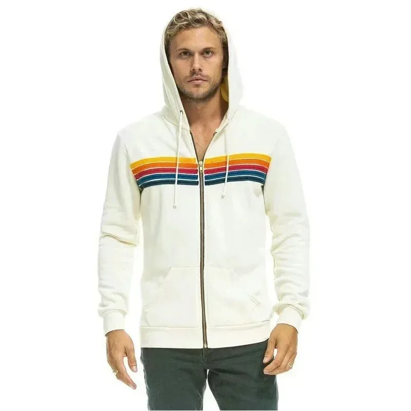 2024 Unisex Dames Nieuwe Vlieger Natie Lange Mouw Capuchon Sweatshirts Casual Rits 5 Strepen Regenboog Hoodies Jas Jas