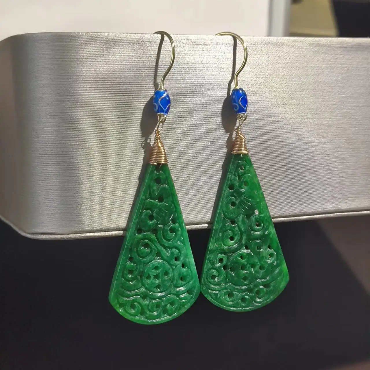 1pcs/lot Natural Jadeite dry green Earrings S925 sterling silver 14K gold cloisonne ancient crafts handmade retro ethnic style